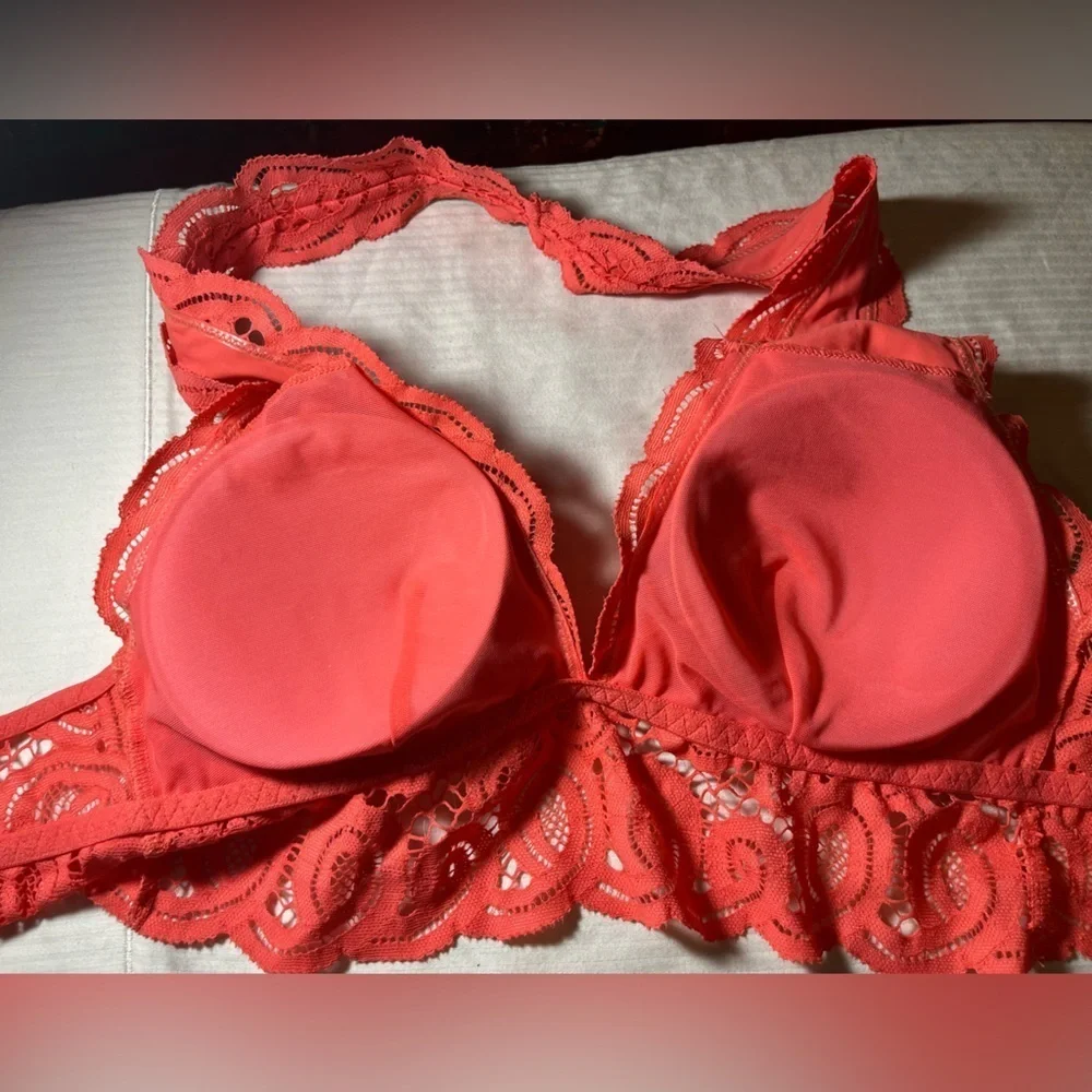 PINK VS Lace Halter Bralette in Vibrant Orange, size Small
